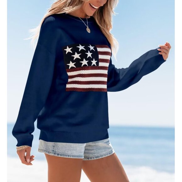 Womens American Flag Sweater Knit Long Sleeve Crew Neck Casual Pullover - Picture 3 of 4